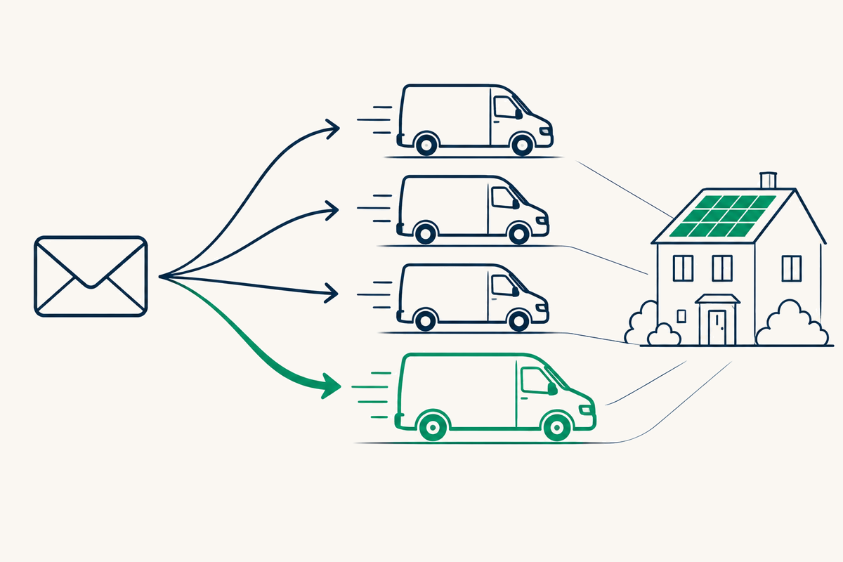 One shared solar enquiry arriving at four competing installers at the same time, with the fastest responder reaching the homeowner first.