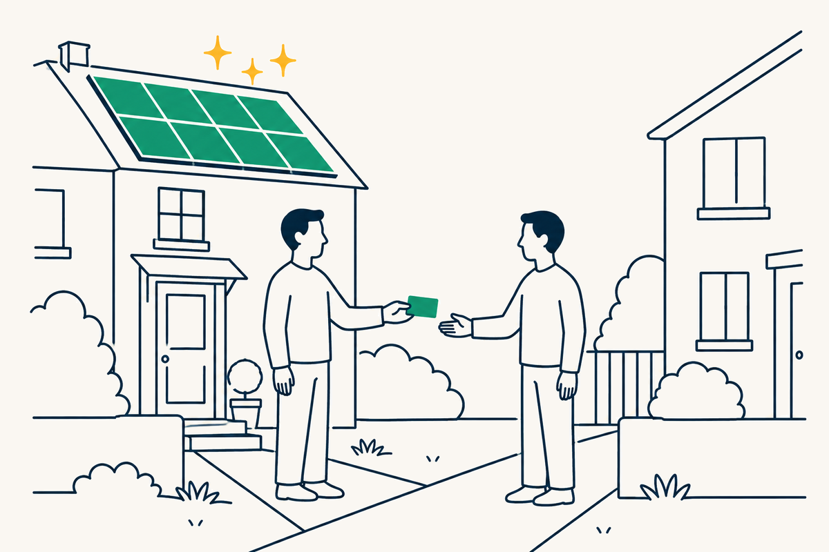 A homeowner on a doorstep passing a referral card to a neighbour, with newly installed solar panels on the roof behind them.